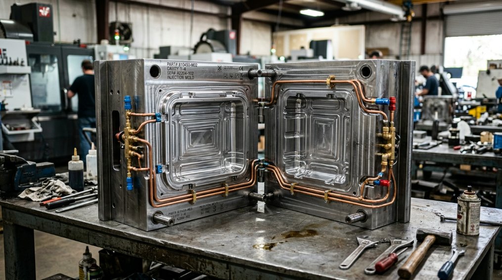 Technical drawing of a multi-cavity plastic storage case mold with cooling system highlights