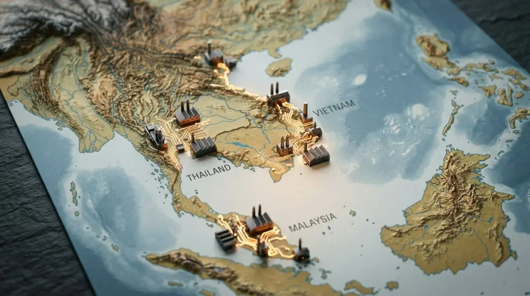 A map of Southeast Asia highlighting manufacturing hubs like Vietnam, Thailand, and Malaysia with icons representing industrial growth.