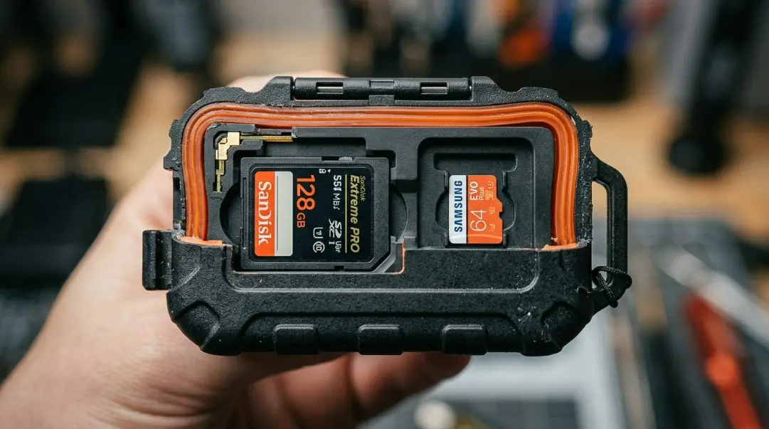 Cutaway view diagram showing the structural layers of an advanced memory card case, showcasing anti-static polymer matrix, silicone waterproof gasket, and secure storage slots for SD and Micro SD.