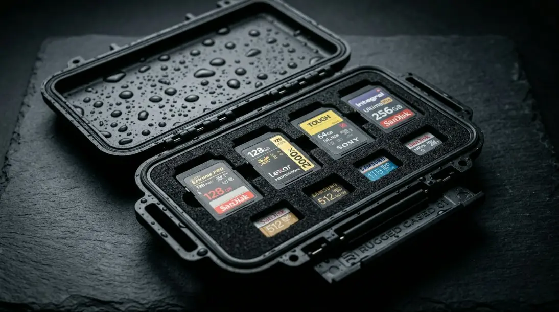 A studio product shot showcasing the rugged, water-resistant portable memory card case with open lid, revealing precisely cut slots for 4 SD cards and 2 Micro SD cards, droplets of water on the outer shell to emphasize waterproof capability.